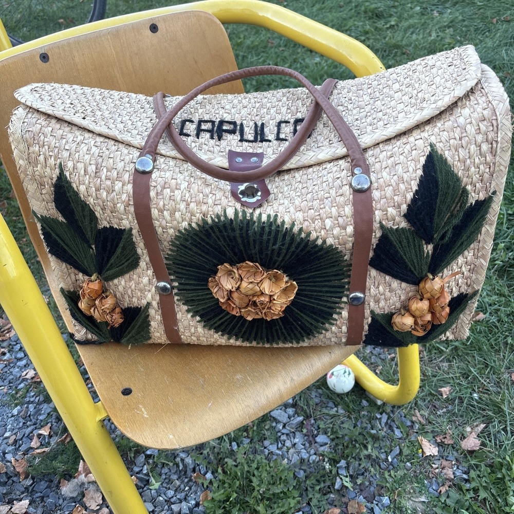 Vtg 70s Acapulco Straw Woven Tote Weekender Beach Bag Rattan Flowers